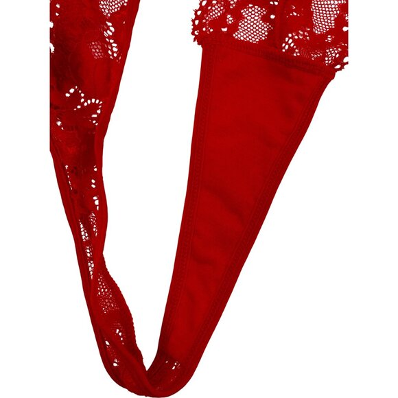 Red Lace V-Neck Strappy Back Thong Croquette Devilcore Bodysuit Lingerie - Picture 8 of 12